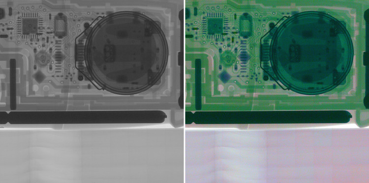 Comparison of a regular X-ray image and "colour" X-ray image where the colours correspond to different energy channels. Different materials in the electronics of a car key are easily distinguished.